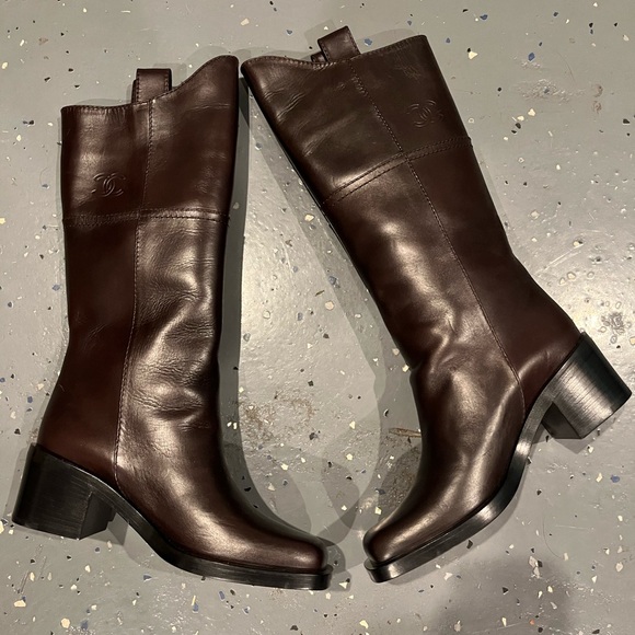 100% AUTH Chanel 14A G30170 Square Toe Brown Leather Boots Sz 38 $1875 - Picture 8 of 14